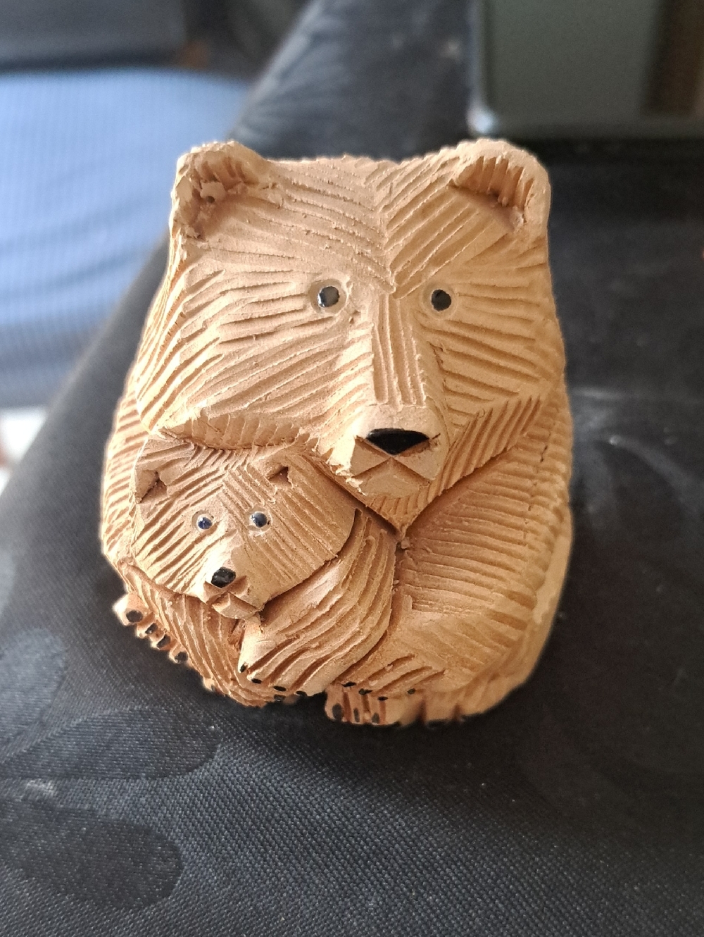 Ceramic Carved Bear Pair Figurine - Light Brown